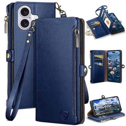 XcaseBar compatible with iPhone 16 Plus 6.7" Wallet case with Zipper Credit Card Holder【RFID Blocking】,Flip Folio Book PU Leather Phone case Shockproof Cover Women Men for Apple 16 Plus case Blue - color: Blue