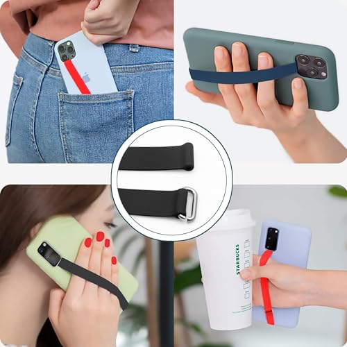 Bilymate Reusable Silicone Phone Grip Strap (3 Pack)-Wireless Charging Compatible, Detachable Loop Holder for iPhone & Android Cases - Black+Blue+Red
