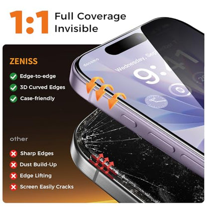 Zeniss NeverBreak 9H+ Hardness for iPhone 17 Privacy Screen Protector 12FT Military Grade Protection (Scratch, Shatter, Drop Resistance) Tempered Glass Full Coverage 6.3", 2 Pack with De-Bubble Card - size: iPhone 17