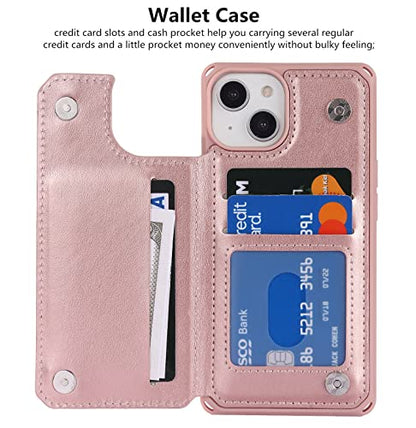 iCoverCase Compatible with iPhone 14 Wallet Phone Case with Card Holder for Women, RFID Blocking Embossed PU Leather Wrist Strap Case 6.1 Inch (Heart Rose Gold) - color: H-Rose Gold