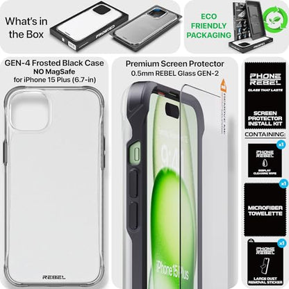 REBEL Clear Case for iPhone 15 Plus [Frosted Series Gen-4] Translucent Matte Texture, Non-Yellowing, Protective Shockproof Bumpers, Metal Buttons, 6.7 Inch 2023 Phone Cover (Frosted Black, No Magnet) - color: Frosted Black, No MagSafe, size: iPhone 15 Plu