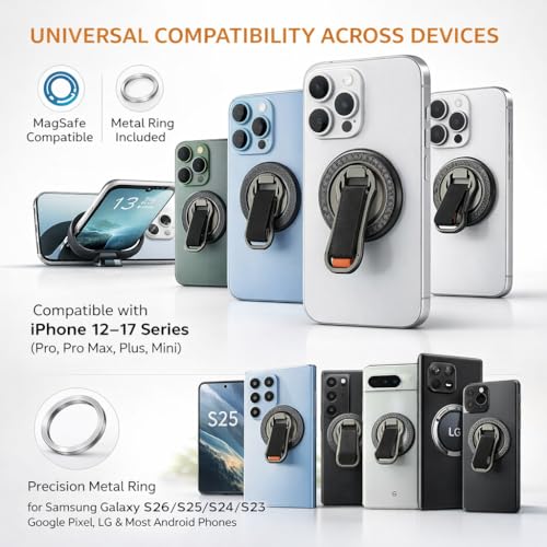Mizi [2025 Upgraded] Magnetic Phone Holder with 360° Rotating Stand – 4-in-1 Grip Strap Compatible with iPhone 12–16, Samsung, Pixel – Strong Magnet, Kickstand, Wireless Charging – Black