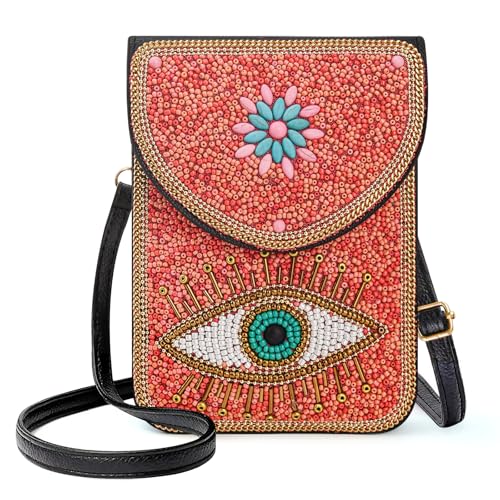 Small Beaded Crossbody Bag for Women, Boho Cell Phone Shoulder Purse Wallet with Handcrafted Colorful Beads - color: Eye-pink