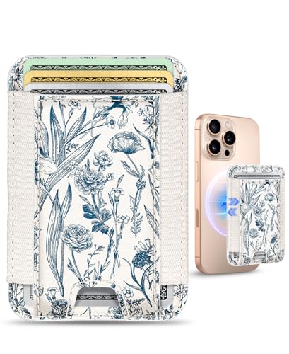 Compatible with Magsafe Wallet Magnetic Card Holder - for Women Leather Phone Wallet Fits 7 Cards Slim RFID Card Holder for iPhone 16/15/14/13/12 for Samsung S25 Ultra/S24 Ultra, Blue Flowers - style: White Blue Flowers