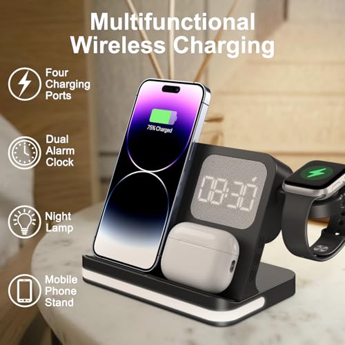 7 in 1 Wireless Charging Station Compatible with Apple Multiple Devices iPhone, AirPods, and Apple Watch - Phone Wireless Charger Fast Charging with Night Lamp and Clock(Black)