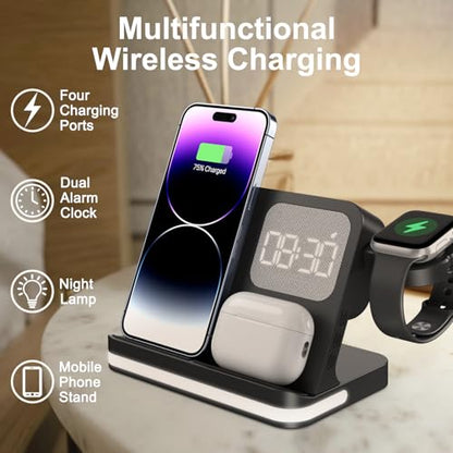 7 in 1 Wireless Charging Station Compatible with Apple Multiple Devices iPhone, AirPods, and Apple Watch - Phone Wireless Charger Fast Charging with Night Lamp and Clock(Black)