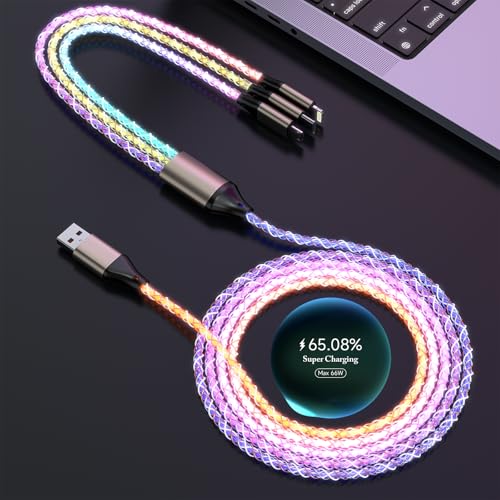 Light Up Charging Cable 66W USB C 3 in 1 Charger Cable RGB LED Light Up Glowing Light Up Charging Cable iPhone Cord 4 FT Multi Cable with Light for iPhone 16/15/14/13/12Series/iPad Pro/Samsung/Pixel