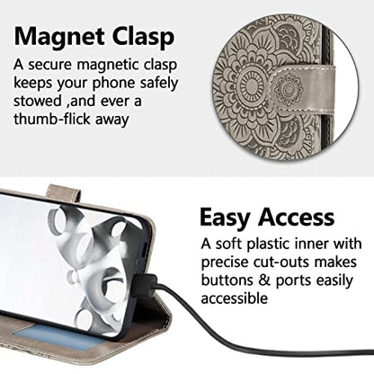 EYZUTAK Case for iPhone 13 Pro, Premium PU Leather Magnetic Flip Wallet Case with Card Holder Cash Slot Lanyard Strap Kickstand Function Embossed Mandala Flower Pattern Shockproof Cover - Gray - color: Gray, size: iPhone 13 Pro