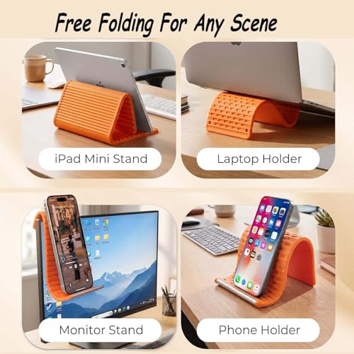 2Pcs Silicone Phone Stand with Aluminum, Flexible Foldable Phone Holder,Universal Adjustable Anti-Slip Desktop Mount for Phone Tablet Laptop (Orange + Black)