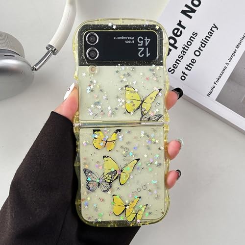 UEEBAI Wave Butterfly Case for Samsung Galaxy Z Flip 3/Z Flip 4 5G Case, Pretty Bling Star Butterfly Cute Shiny Glitter Phone Cover for Girls Bling Clear Cover Curly Shockproof Girly - Yellow - color: Yellow, size: Z Flip 3/Z Flip 4 5G