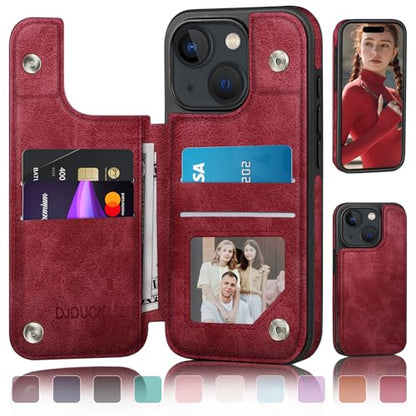 DJDUCK Designed for iPhone 15 Case Wallet with Card Holder, [Magnetic Clasp Cover] [RFID Blocking Leather Protection] Shockproof Women Men Cases 6.1 Inch for Apple 15 Red - color: Red
