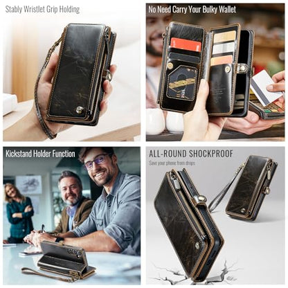 Defencase for Samsung Galaxy S25 Wallet Case with RFID Card Holder, Coffee | Durable Soft PU Leather, with Zipper Pocket, Wrist Strap, Fashion Snap Flip S25 Phone Cases Cover with Stand for Women Men - color: Coffee