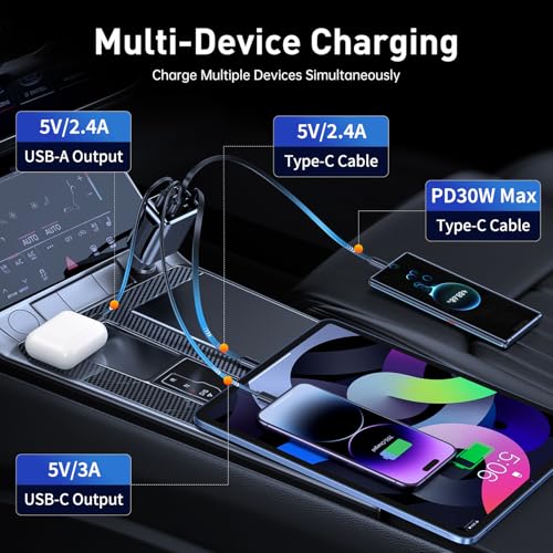 Retractable Car Charger, Car Phone Charger with Cables Fast Charging, USB C Car Charger Adapter for iPhone 17 16 15 14 13 12, Samsung