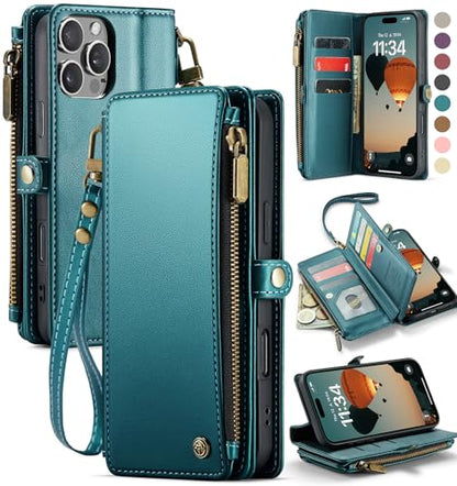 Defencase for iPhone 16 Pro Max Wallet Case with RFID Card Holder, Green | Durable Soft PU Leather, with Zipper Pocket, Wrist Strap, Fashion Snap Flip Phone Cases Cover with Stand for Women and Men - color: Blue Green