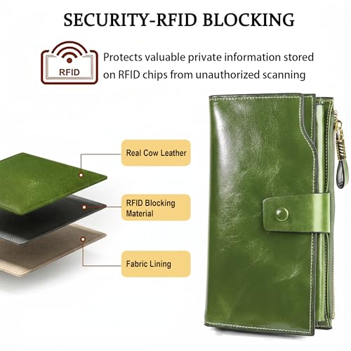 YALUXE Women's Real Leather Wallet RFID Protect 21 Card Slots Phone Pocket - color: 4- Waxed Green, size: Genuine Leather