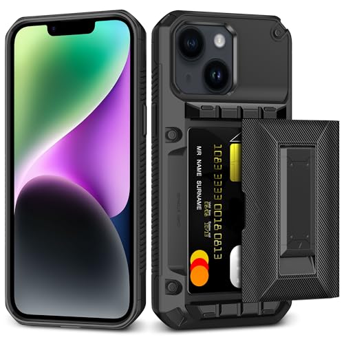 SAMONPOW for iPhone 14 Case with Card Holder [4 Cards] & Kickstand, Black - size: for iPhone 14