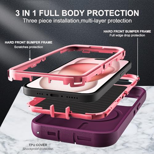 YKHJKLEC for iPhone 15 Case, Military Grade 3 in 1 Heavy Duty Shockproof/Drop Proof/Dust Proof with Kickstand Case, with 2 x Tempered Glass Screen Protector (ZJ-Purple/Pink) - color: ZJ-Purple/Pink
