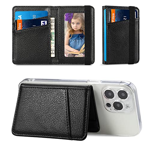 Wallet Stick on Phone Case, Credit Card Holder for Back of Phone Cases Flip Leather Wallet Sleeve Pouch Compatible with iPhone, Samsung Galaxy Android Most Smartphones Black - color: Black
