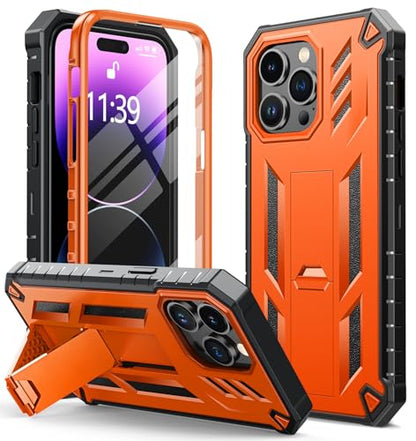 FNTCASE for iPhone 14 Pro Max Case, Built-in Screen Protector, Kickstand | 20FT Military-Grade Drop Protection, Anti-Slip Matte Textured, Rugged Heavy Duty Shockproof TPU Protective Cover - color: Orange