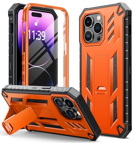 FNTCASE for iPhone 14 Pro Max Case, Built-in Screen Protector, Kickstand | 20FT Military-Grade Drop Protection, Anti-Slip Matte Textured, Rugged Heavy Duty Shockproof TPU Protective Cover - color: Orange