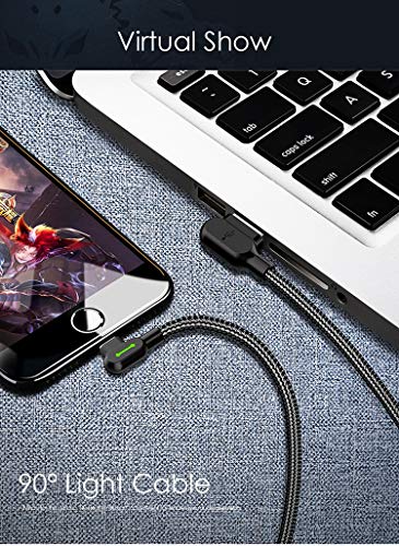 mcdodo USB 90 Degree Right Angle Elbow Design Game LEDCable Nylon Braided Sync ChargeDouble Size USB Data 6FT/1.8M Cable Compatible with iPhone 14/13/12/11 Pro Max (Black 6FT (iPhone))
