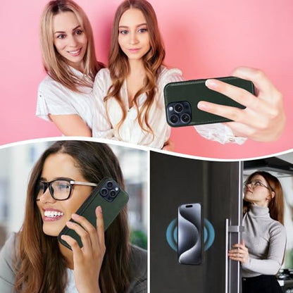 Asuwish Phone Case for iPhone 15 Pro 6.1 inch Zipper Wallet Detachable Cell Cover with Tempered Glass Screen Protector Wrist Strap Mandala Flower Card Holder i Phone15 i15 15Pro Women Men Dark Green - color: Dark Green