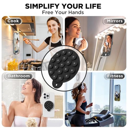 Magnetic Suction Cup Phone Mount with MagSafe, Silicone Hands-Free Grip Holder for iPhone Case and Android, Mirror Shower Phone Stand for Makeup FaceTime Gym Kitchen Bathroom, Black - color: Black