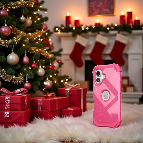 IDweel for iPhone 17 Case with Screen Protector for Women, 3 in 1 Shockproof Slim Fit Hybrid Heavy Duty Hard PC Cover Soft Silicone Bumper Full Body Anti-Fingerprint Case, Glitter Rose Red - color: Glitter Rose Red