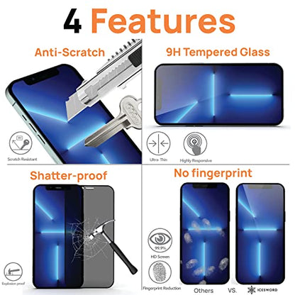 IceSword Privacy Screen Protector for iPhone 14 / iPhone 13 / iPhone 13 Pro (6.1 inch) [2022 Shatterproof], Tempered Glass Film 9H Hardness,10X Stronger, Case Friendly, Anti Spy 13P - Privacy - color: Privacy