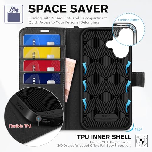 TUCCH Wallet Case with Wrist Strap for iPhone 16 (6.1") 2024, Black | 4 Card Holders, RFID Blocking, Viewing Stand, Shockproof TPU Shell, PU Leather, Magnetic Closure, Folio Flip Cover - color: Strap - Black