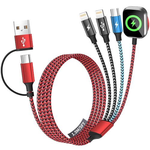 Travel Essentials Dual IP 4in2 Multi Charging Cable for iWatch Charger, 5FT - color: Red&Black&Light Blue, size: AC to 2C+L+iWatch