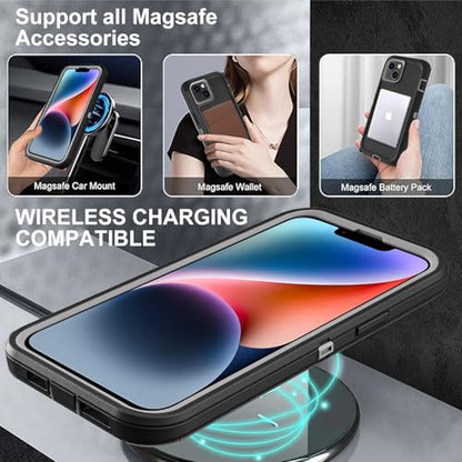 YKHJKLEC for iPhone 13/iPhone 14 Case, Compatible with Magsafe, 3 in 1 Heavy Duty Shockproof/Drop Proof/Dust Proof Case with 2Pcs Tempered Glass Screen Protector (New-Black/Grey) - color: New-Black/Grey