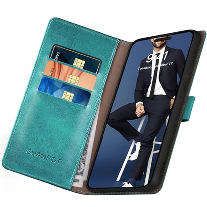 SUANPOT Compatible with iPhone 17 6.3" Wallet case with RFID Blocking Credit Card Holder,Flip Book PU Leather Protective Cover Women Men for Apple 17 Phone case Blue Green - color: Blue Green, size: iPhone 17 6.3"
