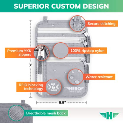 HERO Neck Wallet - RFID Blocking Passport Holder, Easy to Conceal Travel Pouch (Ash Grey) - color: Ash Grey