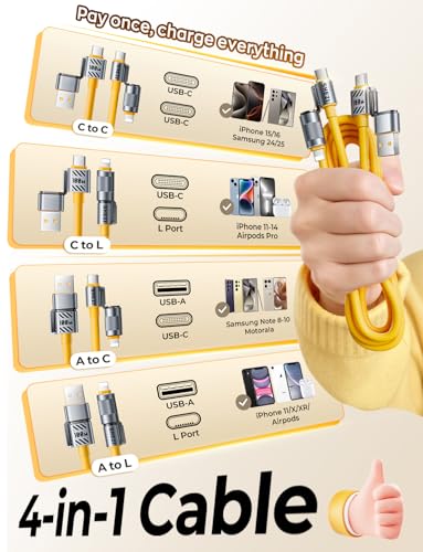Silicone 4 in 1 USB C Cable 100W Compatible with Lightning Cable - color: Yellow, size: 100W, style: Silicone Cable