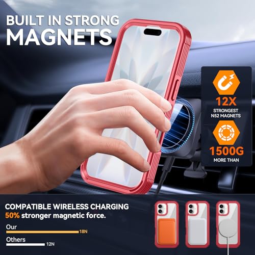 Magnetic for iPhone 17 Case, Compatible with MagSafe, Full Body Rugged Case with Built-in Screen Protector & Kickstand & Belt-Clip (Red) - color: Red