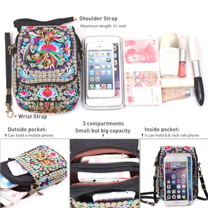 SILKAREA Embroidered Cute Mini Crossbody Bag for Women Small Handbags Wristlet Wallet Bag Cell-phone Pouch Coin Purse - color: Black Flower