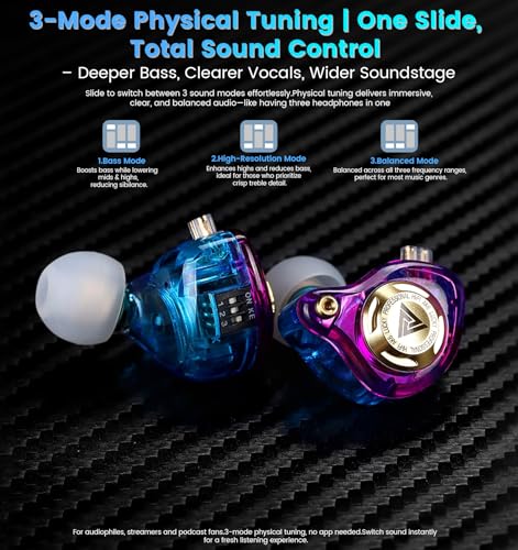 Wired Gaming Earbuds with Mic, 11mm Dynamic Driver HiFi in Ear Monitors, 3-Way Adjustable Tuning Switch Detachable Cable IEM Earphones, Deep Bass Noise Isolating Headphones for Musician Game PC Laptop - color: Purple