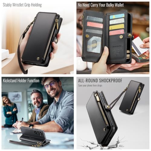 Defencase for Samsung Galaxy A37 5G Wallet Case with Card Holder, Black | RFID Blocking, Zipper Pocket, Durable PU Leather, Wrist Strap, Fashion Snap Flip Phone Cases Cover with Stand for Women Men - color: Black
