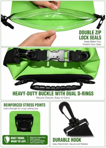 Freegrace Waterproof Dry Bag with Double Zip-Lock, Phone Case & Waist Pouch | 20L Green, Submersible 500D Drysack, Crossbody Strap & Grab Handle, Gear For Kayaking, Boating, Beach, Swimming, Scuba Diving - color: Green, size: 20L, style: Without Window