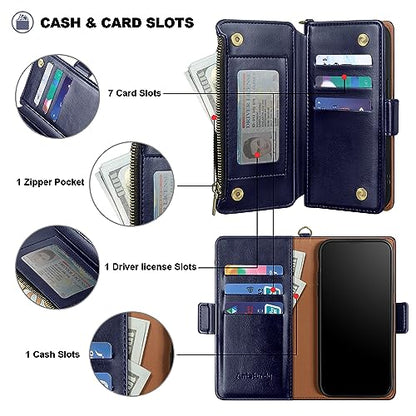 Antsturdy for iPhone 14 Pro Phone Wallet Case Women,Dark Blue | RFID Blocking,with Credit Card Holder Slots,PU Leather Purse,Zipper Pocket,Wrist Strap Kickstand,Flip Folio Cover for Men - color: A-Dark Blue
