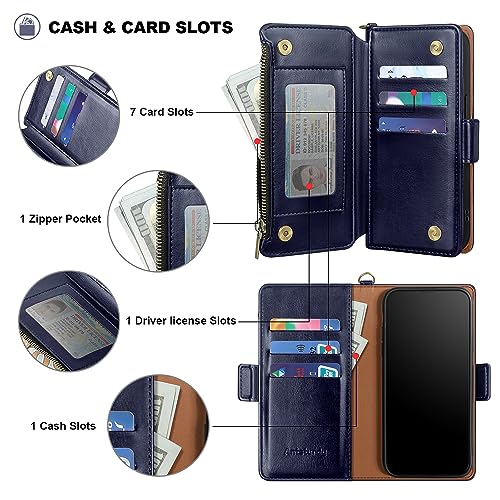 Antsturdy for iPhone 17 Pro Phone Wallet Case Women,Dark Blue | RFID Blocking,with Credit Card Holder Slots,PU Leather Purse,Zipper Pocket,Wrist Strap Kickstand,Flip Folio Cover for Men - color: Dark Blue