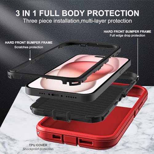 YKHJKLEC for iPhone 15 Case, Compatible with Magsafe, Military Grade 3 in 1 Heavy Duty Shockproof/Drop Proof/Dust Proof Case with 2Pcs Tempered Glass Screen Protector (New-Red/Black) - color: New-Red/Black