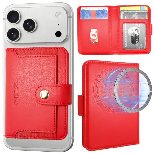 ONETOP for MagSafe Wallet,Magnetic Phone Wallet with 5 Card Slots,Red | 1-12 Cards/Cash Holder for iPhone 17/16/15/14/13/12 Series,Detachable Wallet Stick-On Back,PU Leather RFID Blocking Kickstand - color: Red