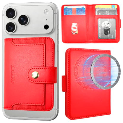 ONETOP for MagSafe Wallet,Magnetic Phone Wallet with 5 Card Slots,Red | 1-12 Cards/Cash Holder for iPhone 17/16/15/14/13/12 Series,Detachable Wallet Stick-On Back,PU Leather RFID Blocking Kickstand - color: Red