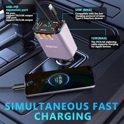 Retractable Car Charger,5 in 1 Fast Cars Phone Charger 60w,Bluetooth 5.3 FM Transmitter Adapter,Handsfree Call,MP3 Player,2 Retractable Cables and USB Chargers, for Phone,Galaxy,Pixel (Purple) - color: Purple