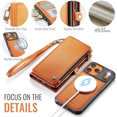 Defencase for iPhone 17 Pro Max Case Wallet Compatible with Magsafe, Orange | Drop-Proof Magnetic Detachable Phone Cases Cover, with RFID Bolcking Card Holder, Zipper Strap, PU Leather, Removable Wallet - color: (Detachable with Magsafe)-Orange