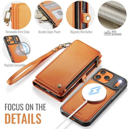 Defencase for iPhone 17 Pro Max Case Wallet Compatible with Magsafe, Orange | Drop-Proof Magnetic Detachable Phone Cases Cover, with RFID Bolcking Card Holder, Zipper Strap, PU Leather, Removable Wallet - color: (Detachable with Magsafe)-Orange