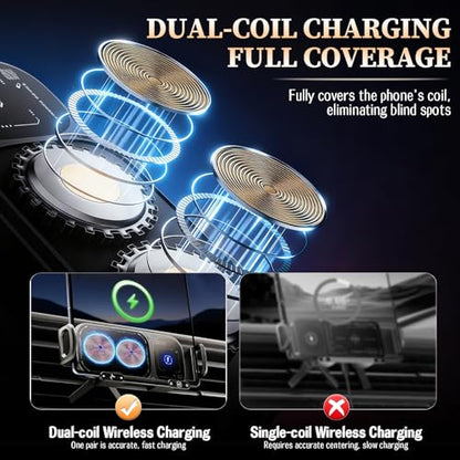 Wireless Charging Rotating Car Mount, 15W Fast Charger with Auto Clamping, One-Click 90° Rotation, 360° Rotation, Anti-Shake Technology, Foldable Phone Fit