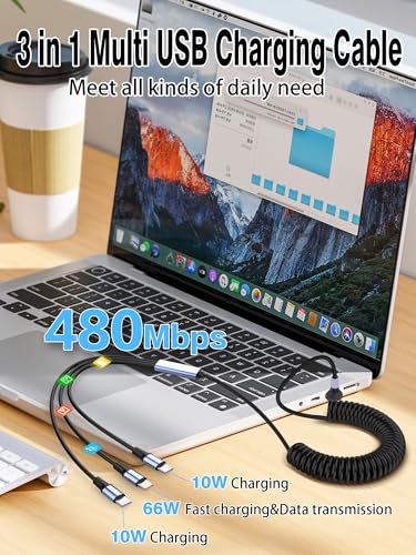 YACSEJAO 66W 90 Degree USB A to Multi USB C Spring Charging Cable, 6FT - style: USB A to 3 USB Type-C
